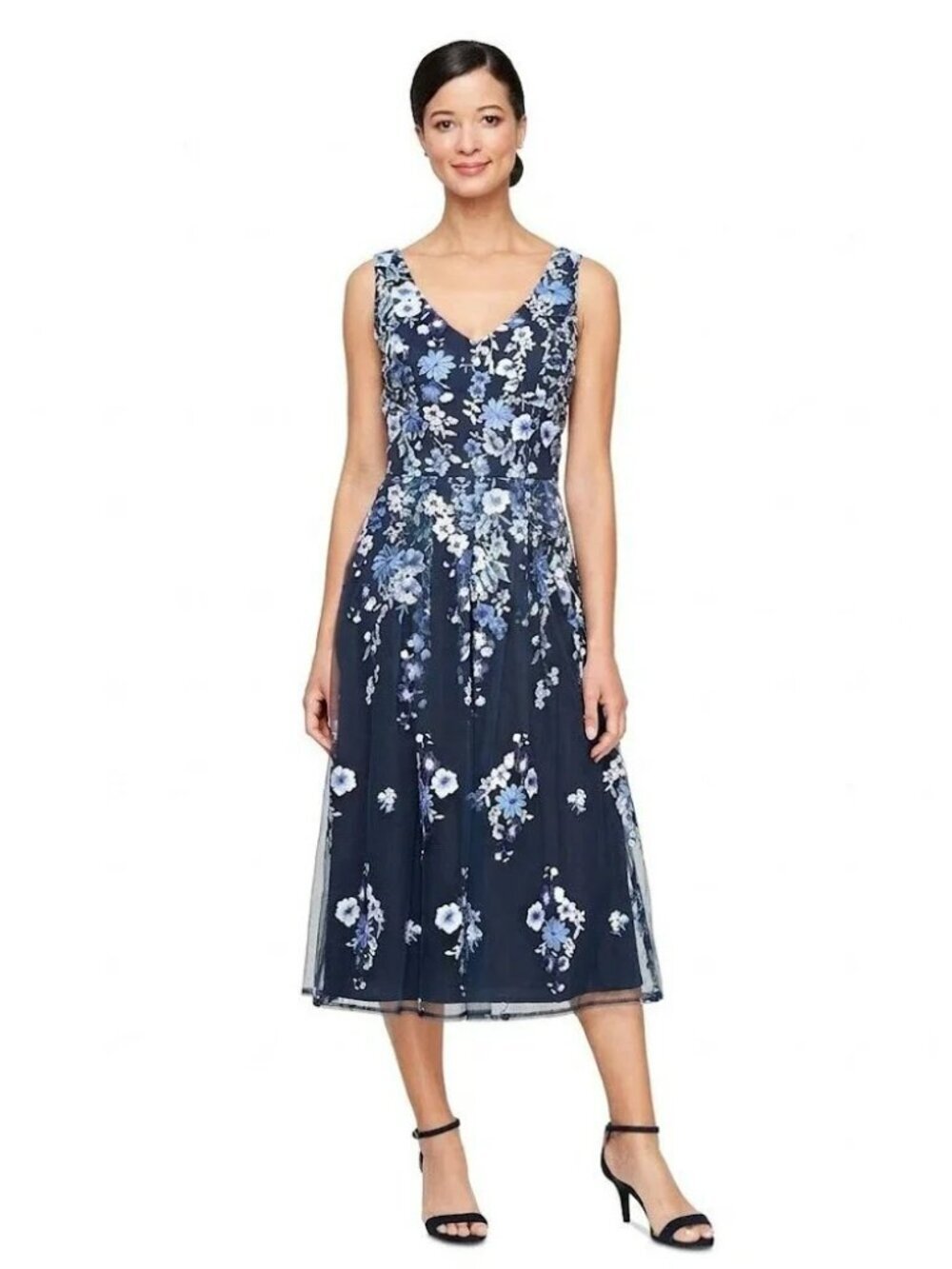 Alex Evenings Navy Floral Embroidered V-Neck Midi Dress - Size 10